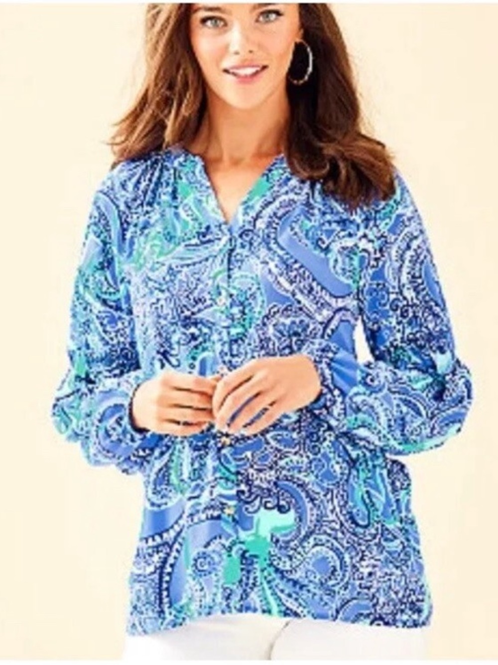 Lilly Pulitzer Anela Top Coastal Blue Blouse Size Large Button Front Lightweight